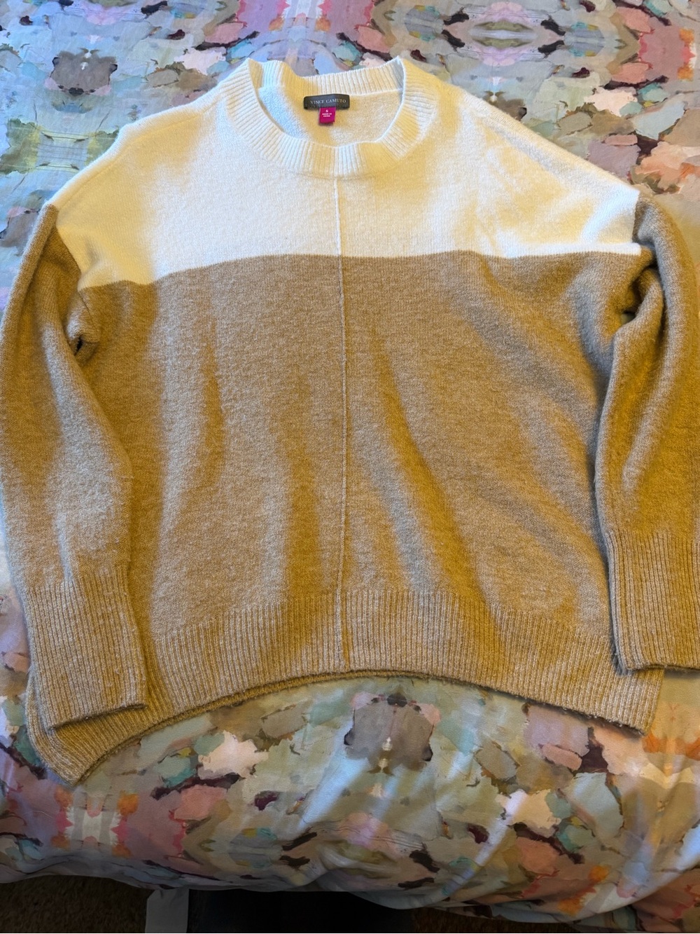Vince Camuto -size small White and Tan Colorblock Crewneck Sweater - Women